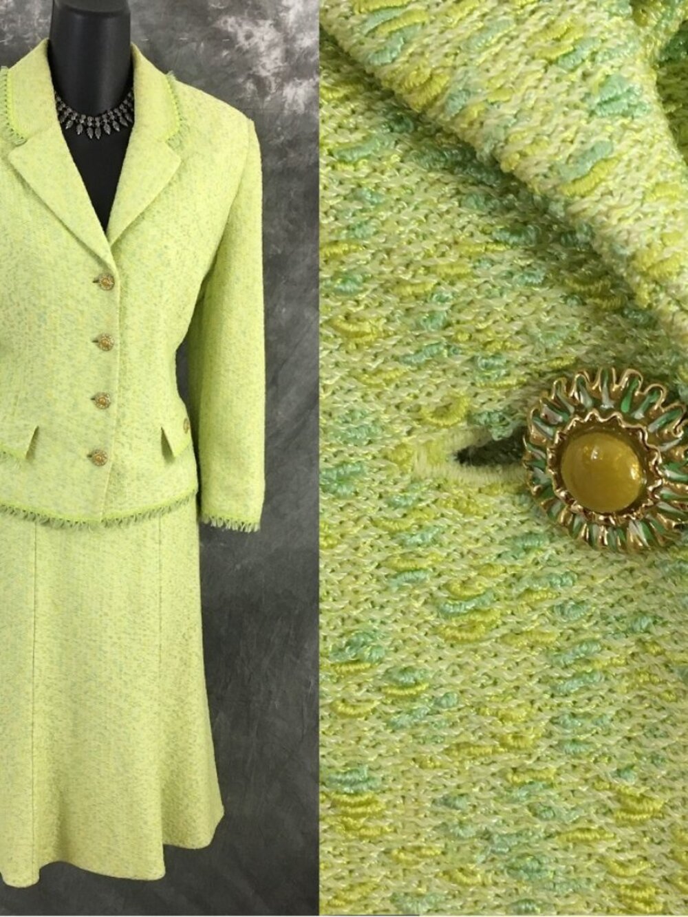 BEAUTIFUL St John couture knit green multi jacket skirt suit size 8
